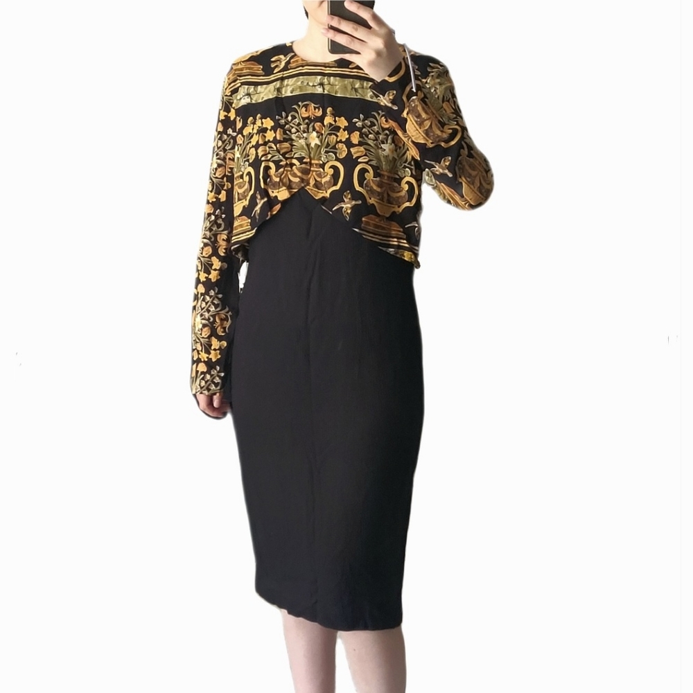 Vintage Surplice Long Sleeve Floral Midi Knee Length Dress Orange Black Greek
